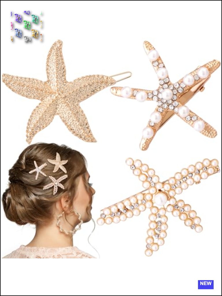 3 Pcs Starfish Hair Clips, Gold Rhinestone Pearls, Faux Pearl Crystal Sea Star